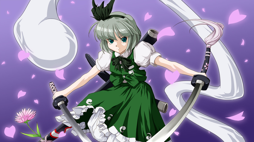 &gt;:( black_bow black_hairband black_neckwear black_ribbon bow bowtie commentary_request dual_wielding flower frown green_skirt green_vest hair_ribbon hairband highres hitodama holding katana konpaku_youmu konpaku_youmu_(ghost) looking_at_viewer petals puffy_short_sleeves puffy_sleeves raochuu ribbon scabbard sheath short_hair short_sleeves silver_hair skirt skirt_set solo sword touhou unsheathed v-shaped_eyebrows vest weapon