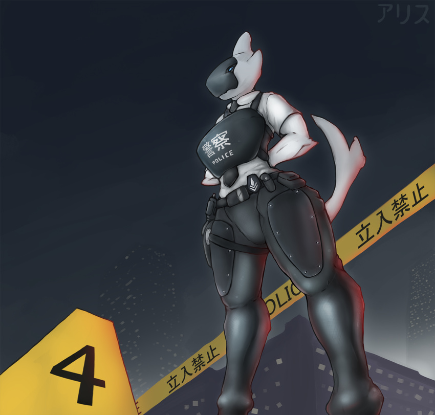 2016 anthro badge belt blue_eyes city clothed clothing crime_scene female fin fish hi_res holster inaret kemono makoto marine night officer police police_officer shark solo thick_thighs wide_hips