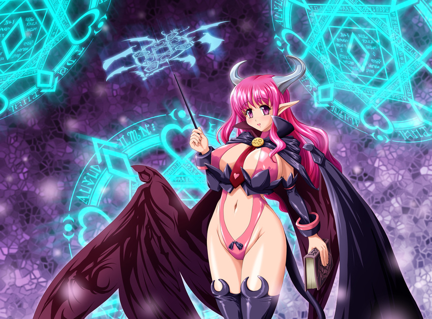 :d between_breasts black_legwear blush book breasts commentary_request cowboy_shot demon_girl demon_tail demon_wings disgaea heart highleg highleg_leotard highres holding holding_book holding_wand large_breasts leotard long_hair looking_at_viewer magic_circle navel necktie necktie_between_breasts open_mouth pink_eyes pink_hair pink_leotard pointy_ears raochuu red_neckwear revealing_clothes sideboob smile solo stomach succubus succubus_(disgaea) tail thighhighs wand wings