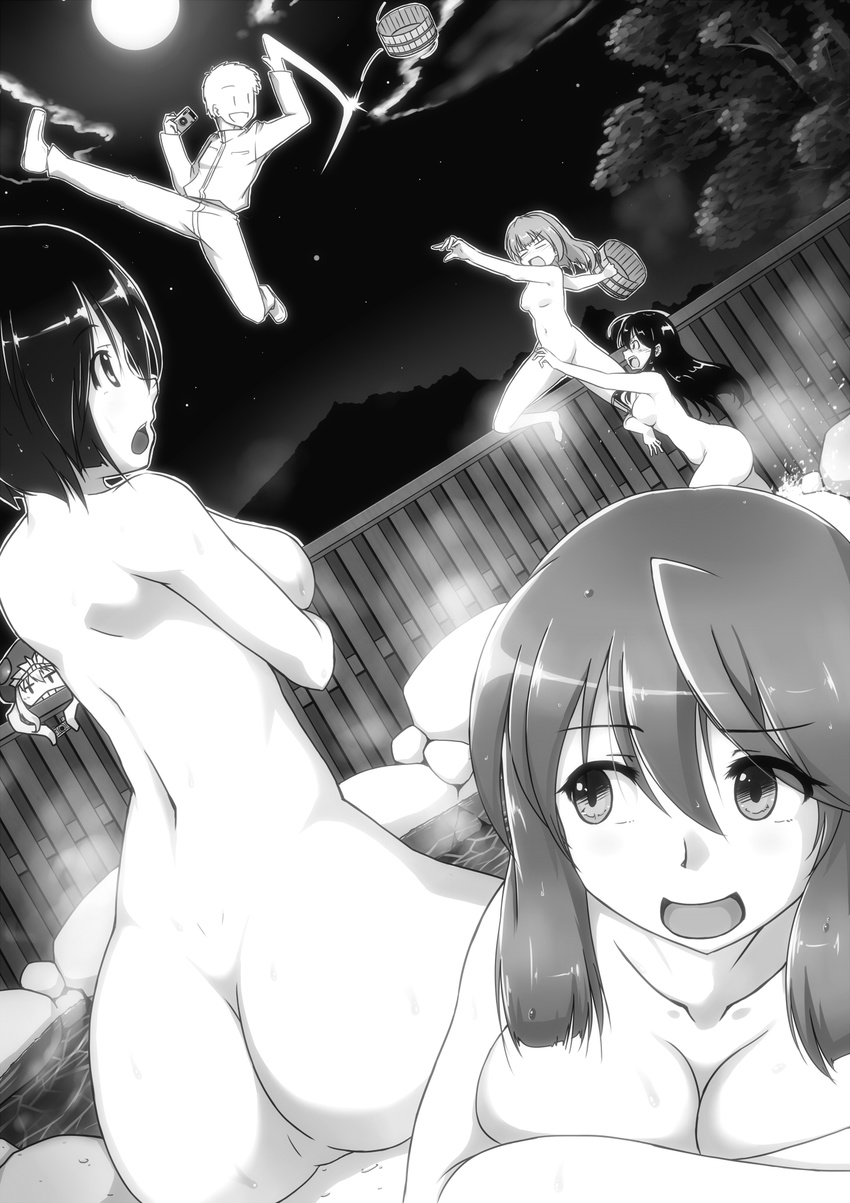 5girls :d admiral_(kantai_collection) akashi_(kantai_collection) alternate_hairstyle ass blackcony blush breasts bucket camera cleavage cloud collarbone dimples_of_venus dutch_angle eyebrows eyebrows_visible_through_hair fence full_moon greyscale hair_down hayasui_(kantai_collection) highres holding holding_camera jitome jumping kantai_collection leaning_forward long_hair long_sleeves looking_back medium_breasts monochrome moon multiple_girls night night_sky nude onsen ooyodo_(kantai_collection) open_mouth outdoors pants peeking_out reaching_out rock shinkaisei-kan shirt sitting sky small_breasts smile star_(sky) tree uniform water wo-class_aircraft_carrier wooden_fence yuubari_(kantai_collection) |_|