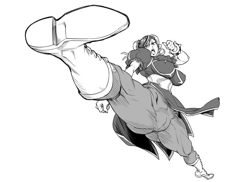 1girl boots breasts capcom china_dress chinese_clothes chun-li cleavage huge_breasts jumping kicking legs monochrome numahana solo street_fighter street_fighter_v sweat