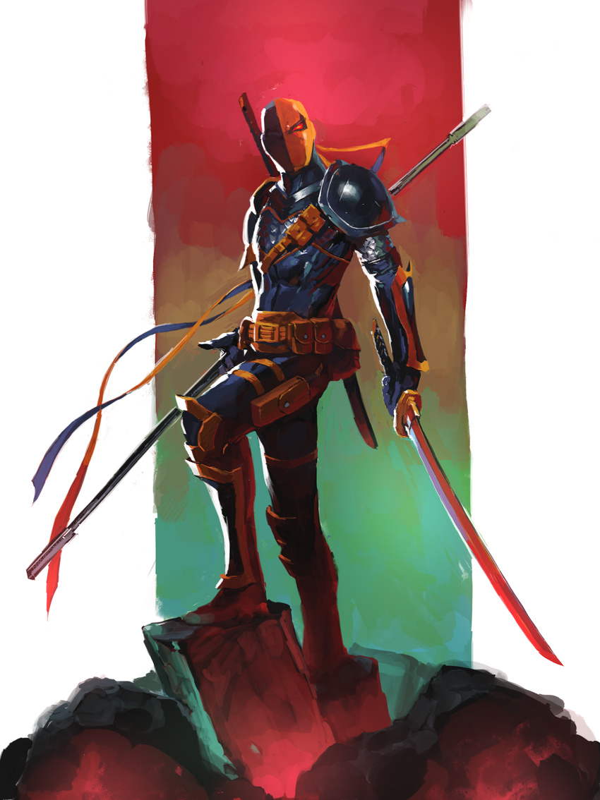 absurdres armor belt bodysuit dc_comics deathstroke full_body highres katana male_focus naratani pouch red_eyes rock solo staff sword weapon