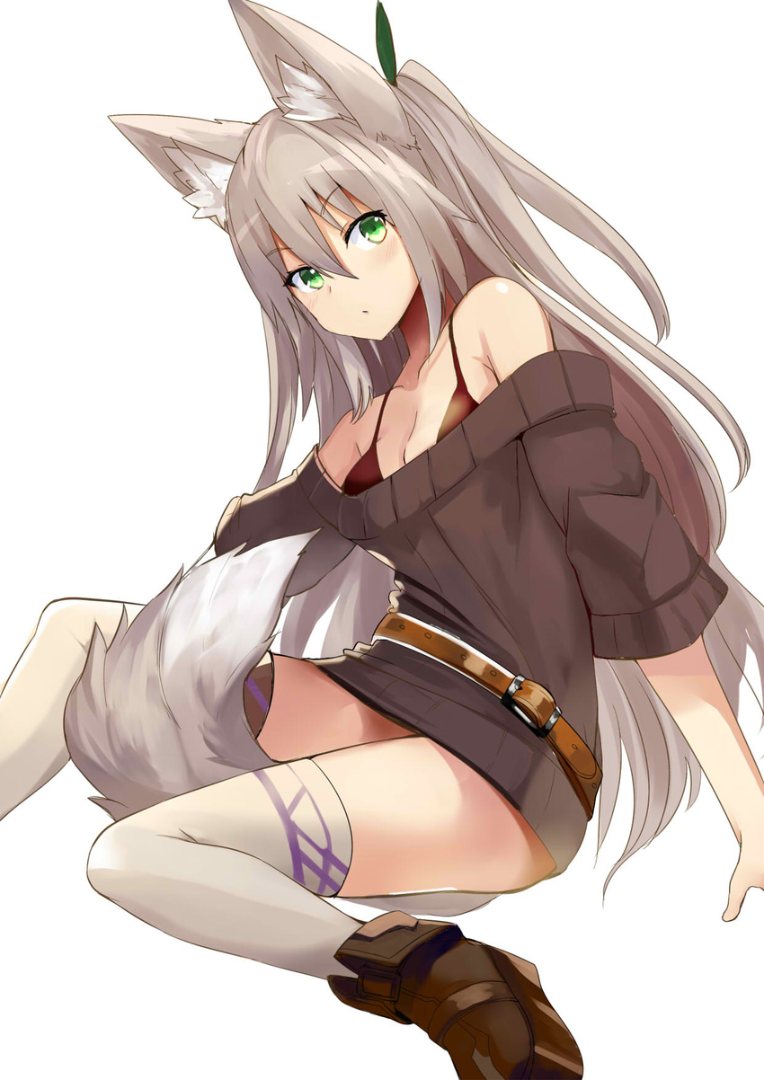 animal_ears bare_shoulders belt blush breasts cleavage collarbone dress fox_ears fox_tail green_eyes haik hair_ribbon highres long_hair looking_at_viewer medium_breasts original ribbon silver_hair simple_background sitting solo sweater sweater_dress tail thighhighs two_side_up very_long_hair white_background white_legwear