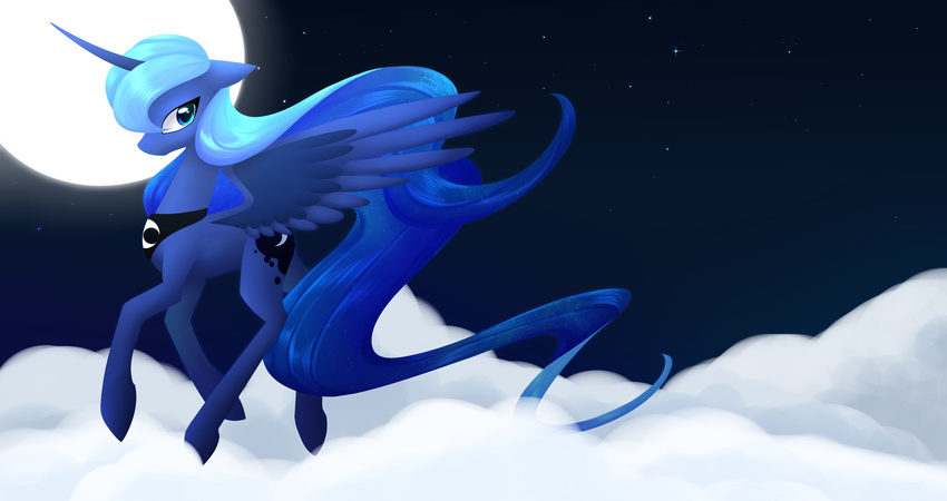 alphaaquilae blue_feathers blue_fur blue_hair cloud cutie_mark detailed_background equine feathered_wings feathers female feral flying friendship_is_magic fur hair hooves horn long_hair mammal moon my_little_pony night outside princess_luna_(mlp) sky solo star starry_sky winged_unicorn wings