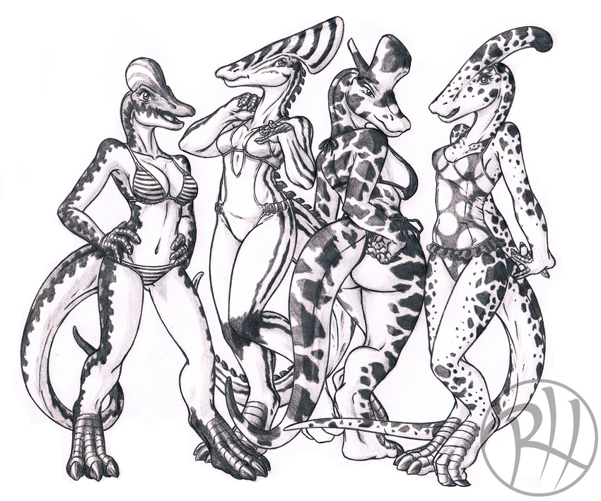 anthro anthrosaurs big_breasts bikini breasts clothing corythosaurus crest cute dinosaur female hadrosaur lambeosaurus line-up olorotitan parasaurolophus pose predaguy small_breasts swimsuit