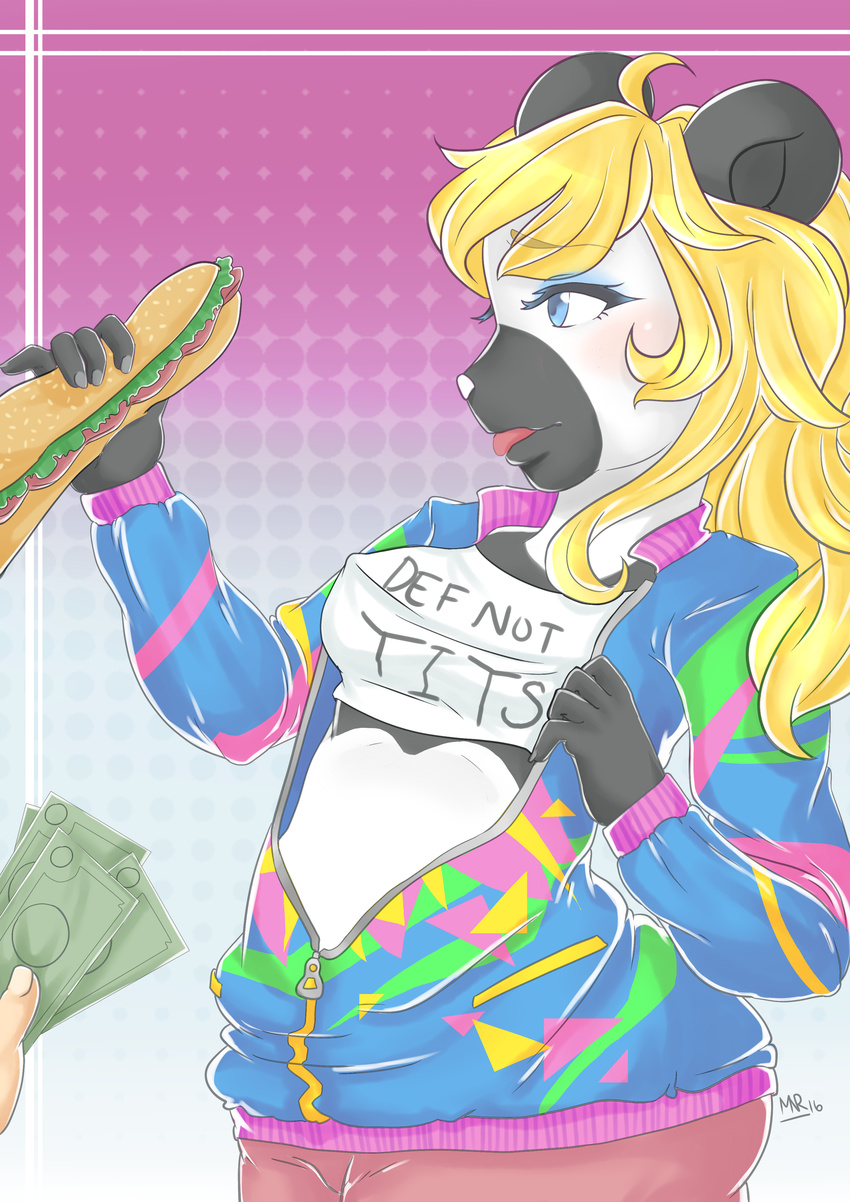 2016 anthro bear blonde_hair blue_eyes blush clothed clothing eating female food girly hair hi_res indidere mammal money open_mouth panda sandwich_(food) simple_background solo_focus tongue