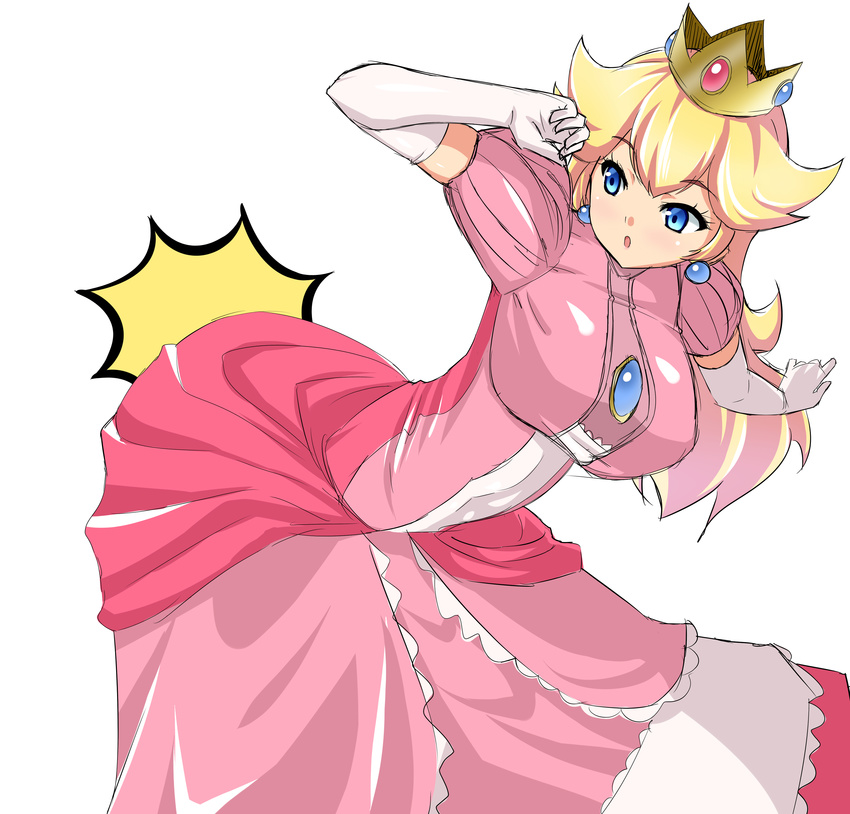 absurdres blonde_hair blue_eyes breasts brooch crown dress earrings elbow_gloves flipped_hair frilled_dress frills gloves highres hip_attack jewelry large_breasts long_hair mario_(series) mokkori9 pink_dress princess_peach solo super_mario_bros. white_background white_gloves