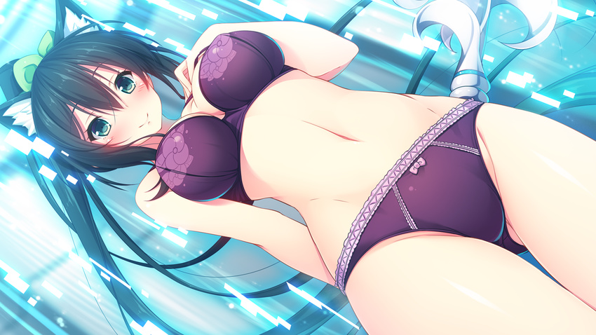animal_ears aristear_remain arm_behind_back ass bangs black_hair blush bow bow_panties bra cat_ears cat_tail dutch_angle game_cg green_eyes hand_on_own_chest himeno_haruka long_hair looking_at_viewer panties ponytail purple_bra purple_panties rozea_(graphmelt) smile solo tail underwear underwear_only very_long_hair