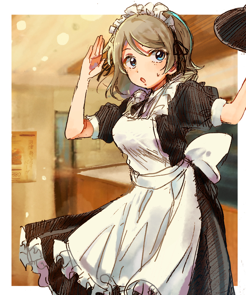 alternate_costume blue_eyes brown_hair enmaided highres kohane_(633975) love_live! love_live!_sunshine!! maid maid_headdress salute short_hair solo tray waitress watanabe_you