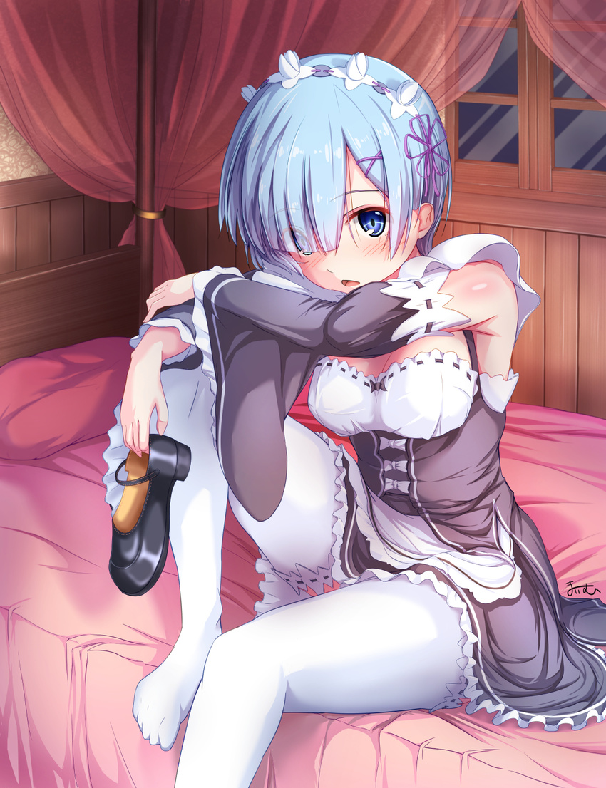 bare_shoulders bed bed_sheet bedroom black_dress blue_eyes blue_hair breasts canopy_bed detached_sleeves dress eyebrows eyebrows_visible_through_hair eyes_visible_through_hair footwear_removed hair_ornament headdress highres indoors knee_up kudou_maimu looking_at_viewer mary_janes medium_breasts no_shoes on_bed open_mouth re:zero_kara_hajimeru_isekai_seikatsu rem_(re:zero) shoes shoes_removed short_dress short_hair sitting sitting_on_bed sleeveless sleeveless_dress solo thighhighs underbust white_legwear window x_hair_ornament