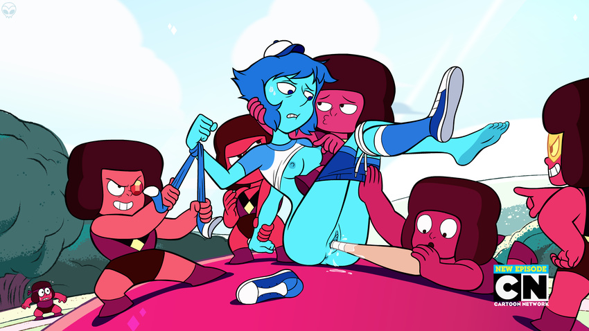 alien baseball_(sport) baseball_bat blue_hair blue_skin bound breasts brown_hair cartoon_network clothing fake_screenshot female female/female gem_(species) hair hat lapis_lazuli_(steven_universe) legwear nipples pussy pussy_juice red_skin ruby_(steven_universe) shocked shoelace socks sport steven_universe sweat vaginal zone