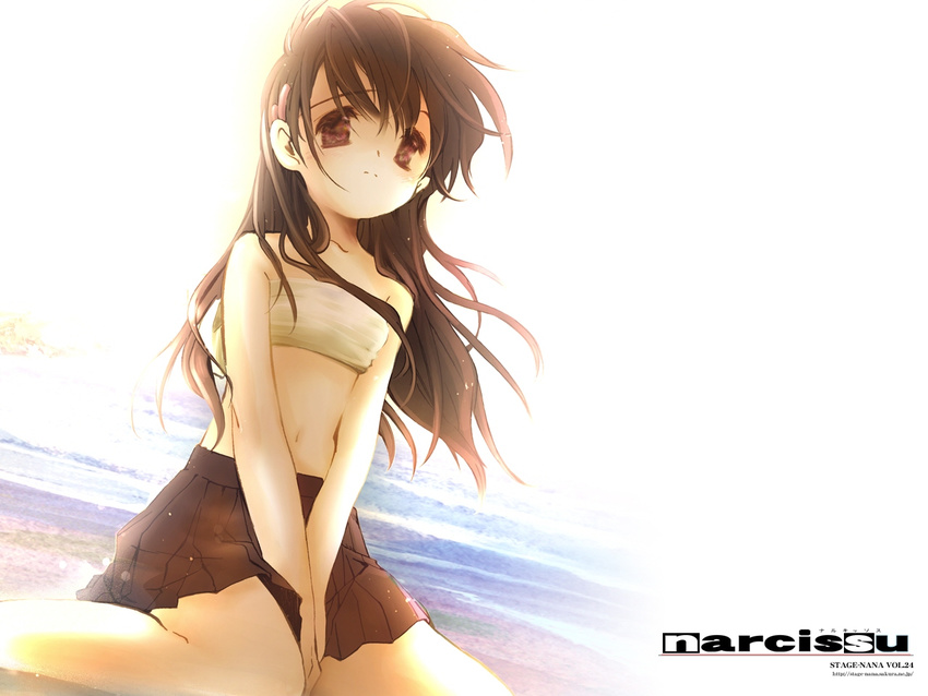 beach between_legs brown_eyes brown_hair company_name copyright_name dutch_angle game_cg hair_ornament hairclip hand_between_legs long_hair midriff mitaonsha narcissu navel number pleated_skirt sakura_setsumi sitting skirt solo towel v_arms wallpaper wariza water watermark web_address