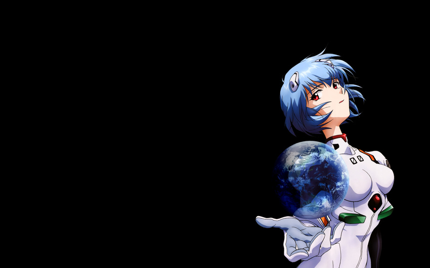 ayanami_rei black black_background blue_hair earth highres neon_genesis_evangelion plugsuit red_eyes simple_background transparent