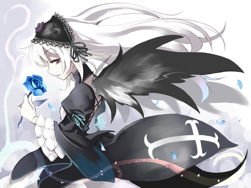 blue_flower blue_rose dress flower frills highres holding holding_flower long_hair petals red_eyes ribbon rose rose_petals rozen_maiden solo suigintou ushiki_yoshitaka wallpaper white_hair wings