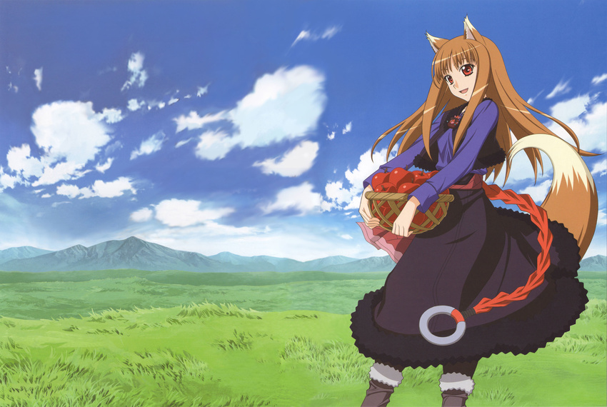 :d animal_ears apple basket boots brown_hair carrying cloud day dress food fruit fur_trim grass highres holo jewelry kuroda_kazuya long_hair mountain necklace official_art open_mouth outdoors pouch red_eyes scan sky smile solo spice_and_wolf standing tail vest wolf_ears wolf_tail