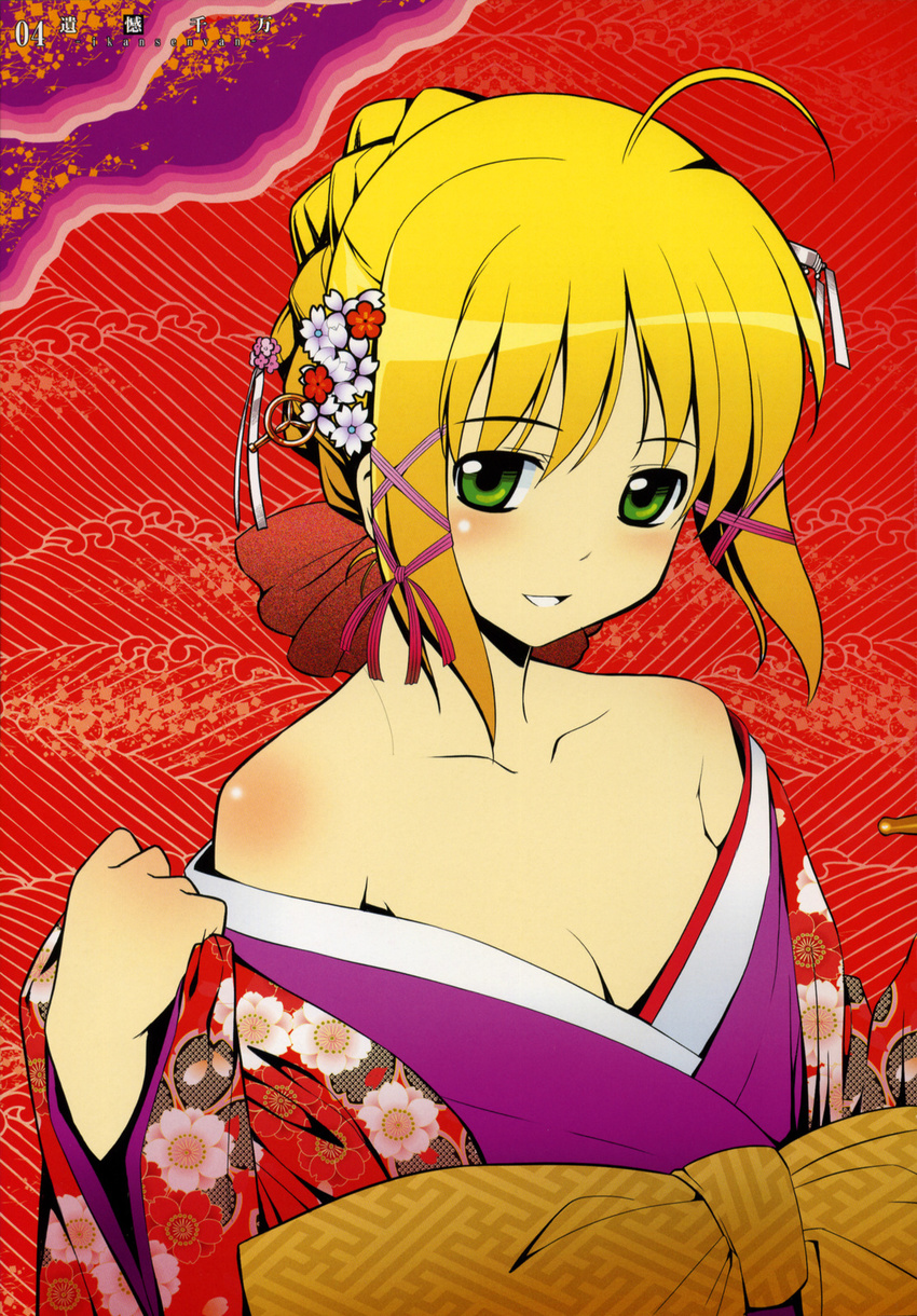 ahoge artoria_pendragon_(all) bangs bare_shoulders blonde_hair blush body_blush braid breasts cleavage fate/stay_night fate_(series) flower green_eyes hair_bun hair_flower hair_ornament hair_ribbon highres japanese_clothes kimono kimono_pull medium_breasts namonashi off_shoulder ribbon saber sayagata sidelocks smile solo tress_ribbon undressing upper_body