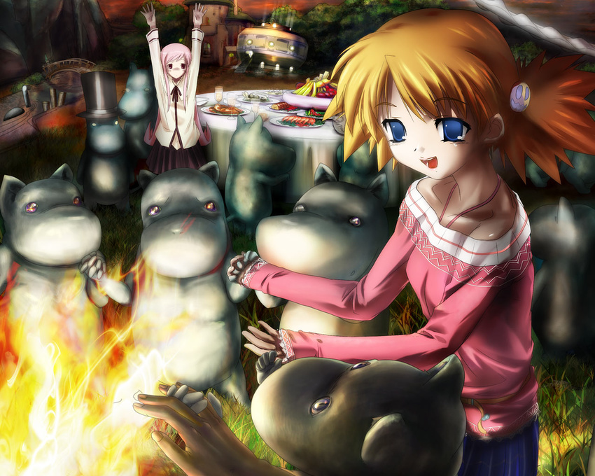 arms_up ashibe_ryou blue_eyes bridge building campfire crossover fire food forest fruit glass grass hat hobgoblin's_hat holding_hands long_hair long_sleeves lucy_maria_misora moomin moominpappa moomintroll multiple_girls nature off_shoulder pink_hair plate sasamori_karin table to_heart_2 top_hat