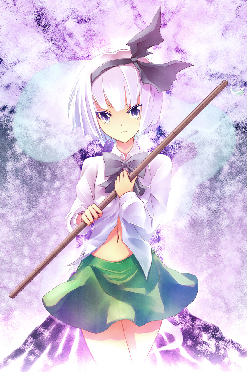 bangs black_hairband bob_cut colored_eyelashes eyelashes ghost hairband highres hitodama konpaku_youmu konpaku_youmu_(ghost) midriff navel otogi_kyouka serious short_hair silver_hair solo touhou