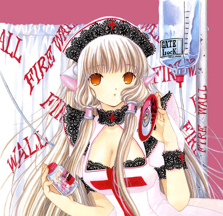 absurdres blonde_hair breasts brown_eyes cd chii chobits clamp cleavage highres intravenous_drip large_breasts long_hair nurse pill solo