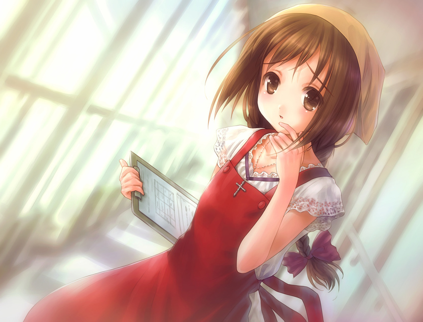 absurdres apron bandana blush bow braid brown_eyes brown_hair clipboard collarbone cross cross_necklace dutch_angle goto_p hair_bow hat highres holding indoors jewelry long_hair narcissu necklace shinohara_chihiro solo