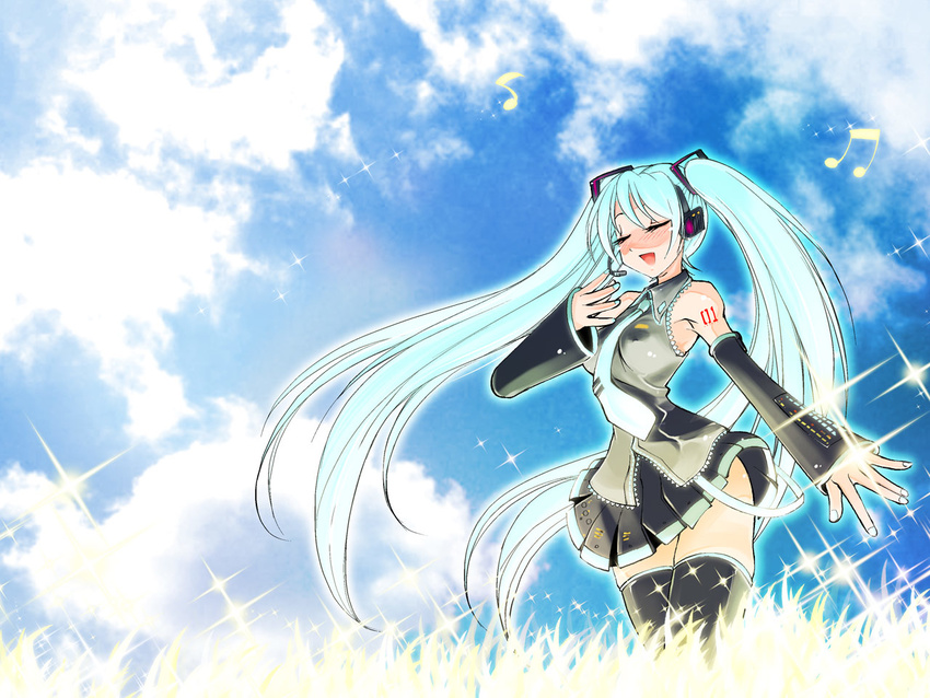 closed_eyes green_hair hatsune_miku long_hair raymon solo thighhighs twintails very_long_hair vocaloid zettai_ryouiki