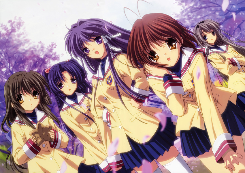 :d absurdres blue_eyes blue_hair brown_eyes brown_hair clannad fujibayashi_kyou furukawa_nagisa hair_bobbles hair_intakes hair_ornament hair_ribbon hairband hand_in_hair highres hikarizaka_private_high_school_uniform ibuki_fuuko ichinose_kotomi ikeda_kazumi multiple_girls official_art open_mouth ribbon sakagami_tomoyo school_uniform silver_hair smile starfish thighhighs two_side_up white_legwear zettai_ryouiki