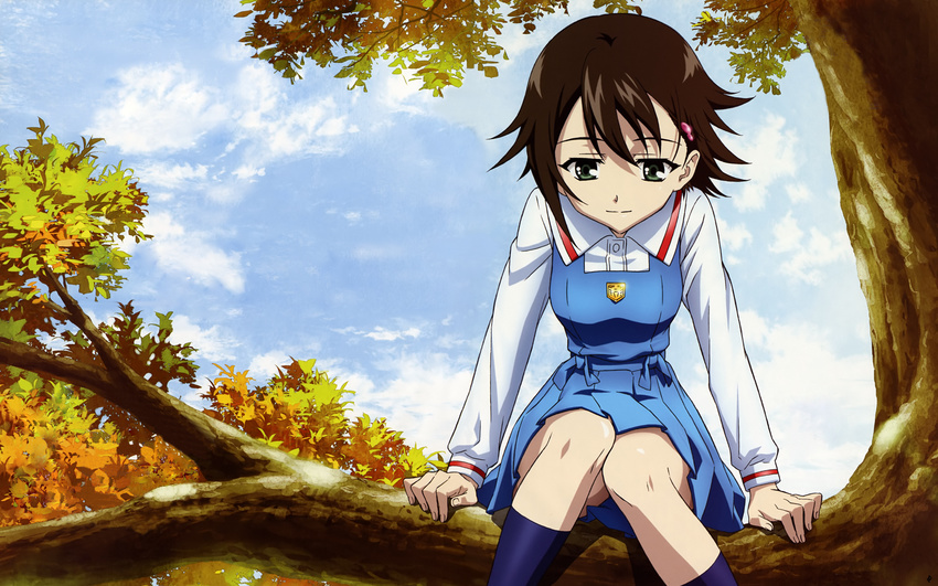 1600x1000 branch brown_hair green_eyes highres isurugi_noe sitting sky tree trees true_tears wallpaper