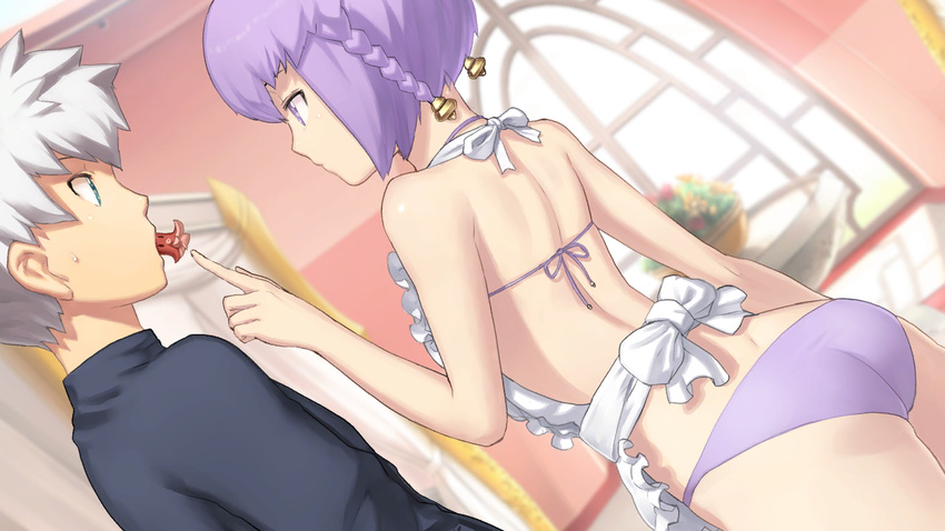 1girl aoto_(ar_tonelico) apron ar_tonelico ar_tonelico_iii ass back bare_shoulders bikini blue_eyes blurry bow braid curtains depth_of_field dutch_angle eating feeding flower food frilled_apron frills from_behind game_cg hair_ornament index_finger_raised indoors looking_at_another mouth_hold nagi_ryou nearly_naked_apron official_art profile purple_bikini purple_eyes purple_hair short_hair sweatdrop swimsuit tako-san_wiener tilia twin_braids white_hair window