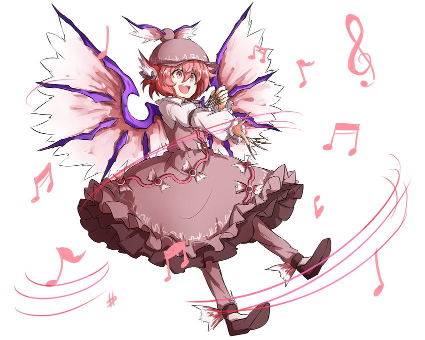 :d arm_garter beamed_sixteenth_notes bird_wings black_footwear brown_dress dress ear_piercing eighth_note fingernails frilled_dress frills full_body hat hat_ornament highres jewelry juliet_sleeves kan_(aaaaari35) long_fingernails long_sleeves music musical_note mystia_lorelei open_mouth pants pants_under_dress piercing pink_eyes pink_hair puffy_sleeves quarter_note sharp_fingernails sharp_sign shoes short_hair singing single_earring smile solo touhou treble_clef white_background winged_hat wings