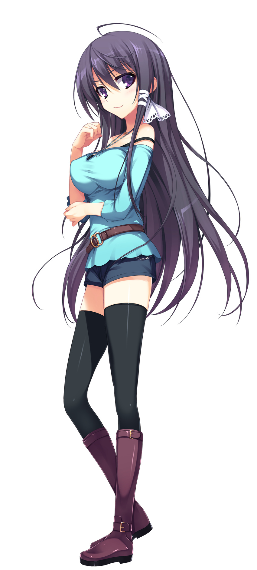 absurdres belt_boots black_legwear boots full_body hand_on_own_chest highres knee_boots long_hair looking_at_viewer mizuno_rin non-web_source purple_eyes reminiscence reminiscence_re:collect shorts smile solo thighhighs tomose_shunsaku transparent_background very_long_hair