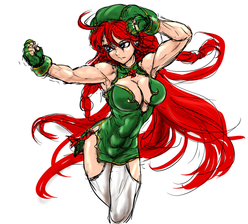 abs ahoge alternate_costume blue_eyes braid breasts cleavage cleavage_cutout clenched_hands cowboy_shot dress fingerless_gloves gloves green_gloves green_hat hat highres hips hong_meiling impossible_clothes impossible_dress ledjoker07 long_hair looking_to_the_side medium_breasts muscle muscular_female pelvic_curtain red_hair shiny shiny_skin short_dress simple_background sketch solo thighs touhou twin_braids very_long_hair white_background white_legwear