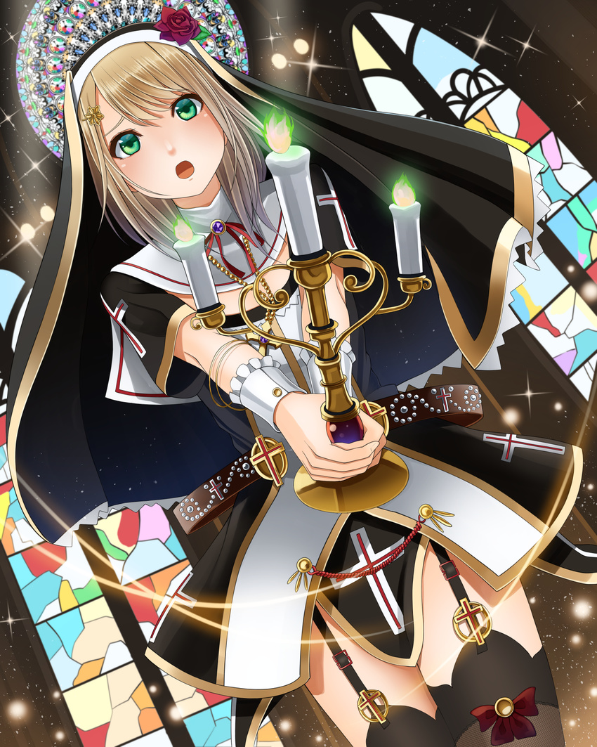 blonde_hair candle candlelight candlestand cross fire flower green_eyes green_fire highres kentaurosu nun original rose solo stained_glass thighhighs