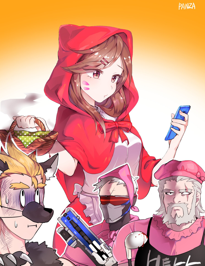 3boys animal_ears apron artist_name assault_rifle bangs basket battle_rifle blonde_hair breasts brown_eyes brown_hair capelet cellphone chestnut_mouth clothes_writing cosplay covered_mouth cowboy_shot d.va_(overwatch) dress energy_gun eyebrows eyebrows_visible_through_hair facepaint facial_hair facial_mark fake_animal_ears gradient gradient_background gun hair_ornament hairclip hands_up hat highres holding holding_cellphone holding_gun holding_phone holding_weapon hood junkrat_(overwatch) ladle little_red_riding_hood little_red_riding_hood_(grimm) little_red_riding_hood_(grimm)_(cosplay) mask medium_breasts multiple_boys overwatch panza phone red_capelet red_ribbon red_skirt reinhardt_(overwatch) ribbon rifle scar scar_across_eye short_hair skirt skirt_set smartphone soldier:_76_(overwatch) sweatdrop swept_bangs upper_body visor weapon whisker_markings white_hair wolf_ears