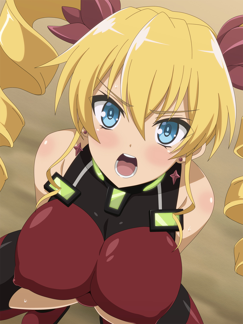 1girl bare_arms bare_shoulders blonde_hair blue_eyes blush bodysuit breasts claire_harvey drill_hair earrings erect_nipples highres hundred large_breasts legs long_hair looking_at_viewer miyamaya open_mouth sleeveless solo squatting sweat thighs twintails