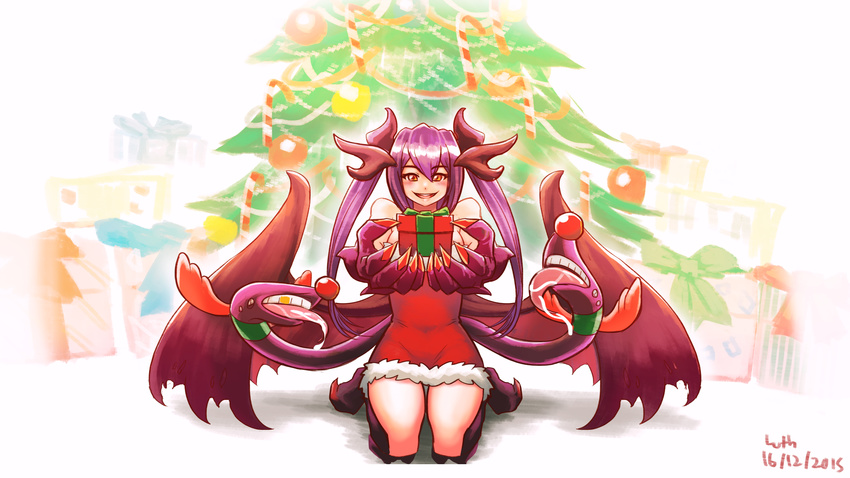 1girl 2015 absurdres christmas claws dated dragon_girl dragon_horns extra_mouth gold_teeth highres jabberwock_(monster_girl_encyclopedia) looking_at_viewer luthernial monster_girl monster_girl_encyclopedia present tongue twintails wings