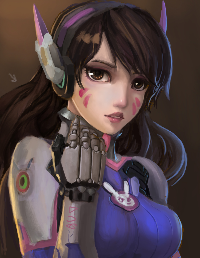 1girl absurdres bangs bodysuit breasts brown_background brown_eyes brown_hair d.va_overwatch emblem facial_mark gloves headphones highres long_hair looking_at_viewer medium_breasts nose overwatch parted_lips pilot_suit solo sumneko swept_bangs upper_body whisker_markings white_gloves