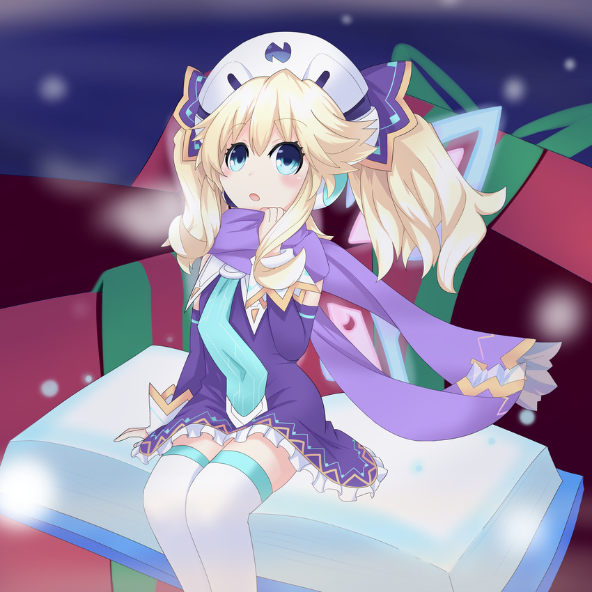 absurdres blonde_hair blue_eyes blush book breath christmas fairy_wings gift hair_ornament hat highres histoire long_hair neptune_(series) open_mouth rian_(clearhisty0101) scarf snow solo wings
