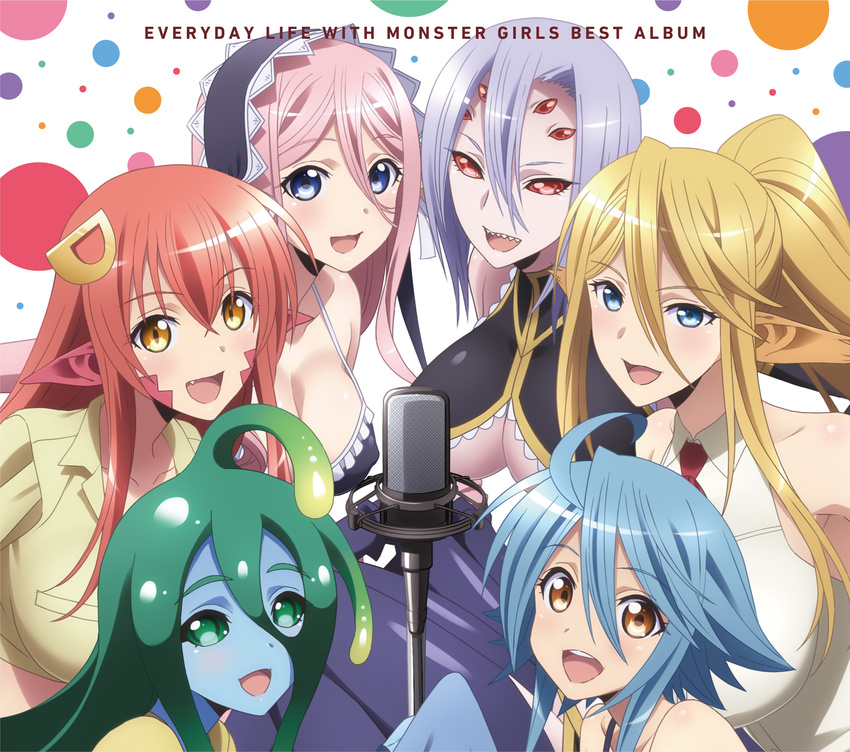 :d ahoge album_cover animal_ears arachne blonde_hair blue_eyes blue_hair blue_skin blue_wings breasts brown_eyes carapace centaur centorea_shianus cleavage copyright_name cover extra_eyes eyebrows eyebrows_visible_through_hair fang feathered_wings feathers goo_girl green_eyes green_hair hairband harpy highres horse_ears huge_breasts insect_girl lamia lavender_hair lolita_hairband long_hair looking_at_viewer mermaid meroune_lorelei microphone miia_(monster_musume) monster_girl monster_musume_no_iru_nichijou multiple_girls multiple_legs official_art open_mouth papi_(monster_musume) pink_hair pointy_ears ponytail rachnera_arachnera red_eyes red_hair scales sharp_teeth short_hair sleeveless slit_pupils smile spider_girl suu_(monster_musume) teeth underboob wings yellow_eyes