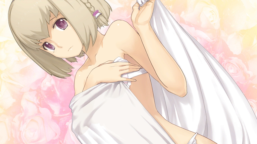 :/ ar_tonelico ar_tonelico_iii bare_shoulders bed_sheet blonde_hair bra braid closed_mouth collarbone dutch_angle floral_background frilled_bra frilled_panties frills frown game_cg holding nagi_ryou panties purple_eyes saki_(ar_tonelico) short_hair solo tears towel underwear underwear_only white_bra white_panties