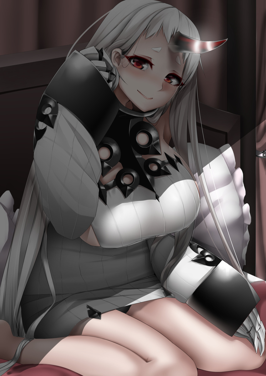 absurdres black_panties breasts claws dress hair_tucking highres horn kantai_collection large_breasts long_hair looking_at_viewer luonawei panties pantyshot pantyshot_(sitting) ribbed_dress seaport_hime shinkaisei-kan shiny short_dress sitting smile solo thighs underwear very_long_hair white_hair