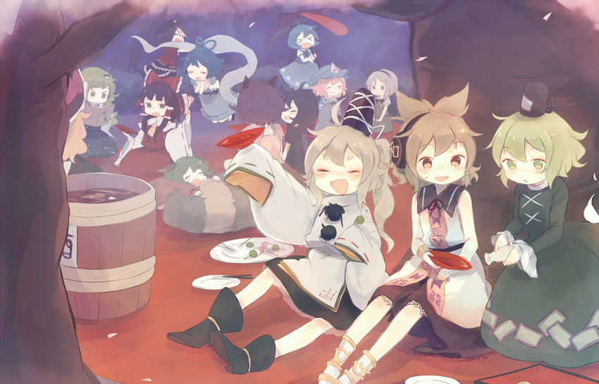 animal_ears ashiyu_(ashu-ashu) barrel black_hair blonde_hair blue_eyes blue_hair brown_eyes brown_hair cherry_blossoms cup dango dog_ears eating food futatsuiwa_mamizou green_eyes green_hair hakurei_reimu hanami headphones highres houjuu_nue kaku_seiga kasodani_kyouko kirisame_marisa kochiya_sanae konpaku_youmu miyako_yoshika mononobe_no_futo multiple_girls petals pink_hair raccoon_ears raccoon_tail saigyouji_yuyuko sakazuki sake_barrel silver_hair soga_no_tojiko tail tail_hug tatara_kogasa ten_desires touhou toyosatomimi_no_miko wagashi