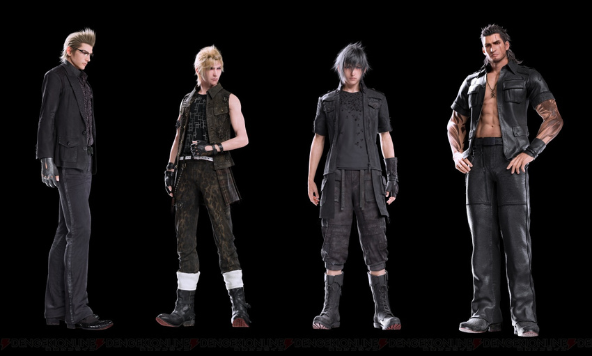 4boys abs black_background black_hair black_jacket blonde_hair final_fantasy final_fantasy_xv fingerless_gloves formal full_body gladiolus_amicitia glasses gloves ignis_scientia jacket jewelry leather leather_jacket looking_at_viewer multiple_boys necklace noctis_lucis_caelum official_art prompto_argentum spiked_hair square_enix suit tattoo vest wristband