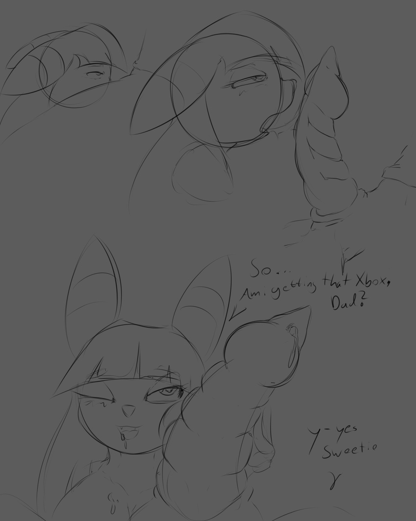 anthro cum dialogue eeveelution english_text female male male/female monochrome nintendo one_eye_closed oral penis pok&eacute;mon quin-nsfw sketch text umbreon video_games
