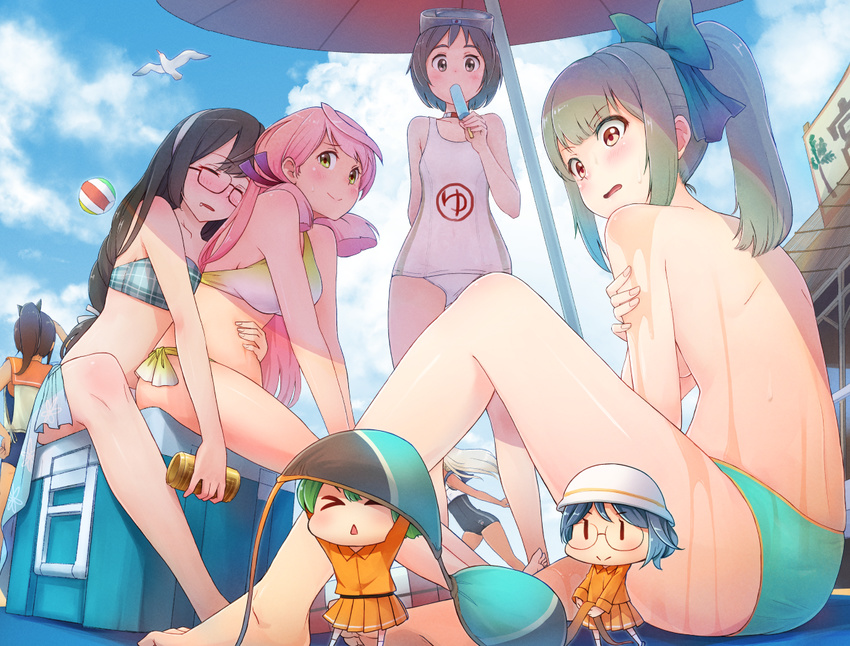 &gt;_&lt; akashi_(kantai_collection) aqua_bikini assisted_exposure ball bangs bare_legs bare_shoulders barefoot beach_umbrella beachball bikini bikini_top bikini_top_removed bird blonde_hair blue_sky blunt_bangs blush bow box breasts brown_eyes brown_hair chestnut_mouth chibi choker closed_eyes clothes_theft cloud collarbone collared_shirt convenient_arm cooler covered_nipples covering covering_breasts crop_top day drooling eating embarrassed eyebrows eyebrows_visible_through_hair fairy_(kantai_collection) fighting_stance from_side glasses goggles goggles_on_head green_bow green_eyes green_hair hair_bow helmet hug hug_from_behind humiliation i-401_(kantai_collection) kantai_collection leg_up legs long_hair maru-yu_(kantai_collection) medium_breasts minigirl multiple_girls one-piece_swimsuit ooyodo_(kantai_collection) orange_shirt orange_skirt outdoors pink_hair plaid plaid_bikini pleated_skirt ponytail red-framed_eyewear red_eyes ro-500_(kantai_collection) running saliva sarong school_swimsuit seagull semi-rimless_eyewear ship_repair_facility_(kantai_collection) shirt sign single_thighhigh sitting skirt sky solid_oval_eyes standing swimsuit swimsuit_theft theft thighhighs tomamatto topless umbrella under-rim_eyewear underboob very_long_hair wet white_school_swimsuit white_shirt white_swimsuit wing_collar yuubari_(kantai_collection)