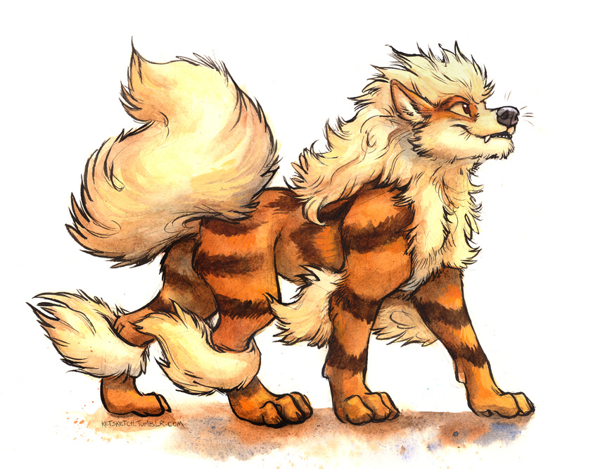 2016 ambiguous_gender arcanine brown_fur brown_stripes chest_tuft feral fluffy fur kenket neck_tuft nintendo orange_body orange_fur painting_(artwork) paws pok&eacute;mon side_view simple_background smile solo striped_body stripes traditional_media_(artwork) tuft video_games walking white_background