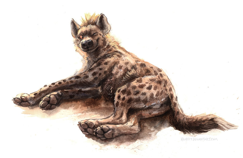 2016 ambiguous_gender black_eyes brown_body brown_fur brown_sclera brown_spots butt feral fur hyena kenket lying mammal on_side one_eye_closed painting_(artwork) pawpads paws simple_background smile solo spotted_hyena traditional_media_(artwork) white_background