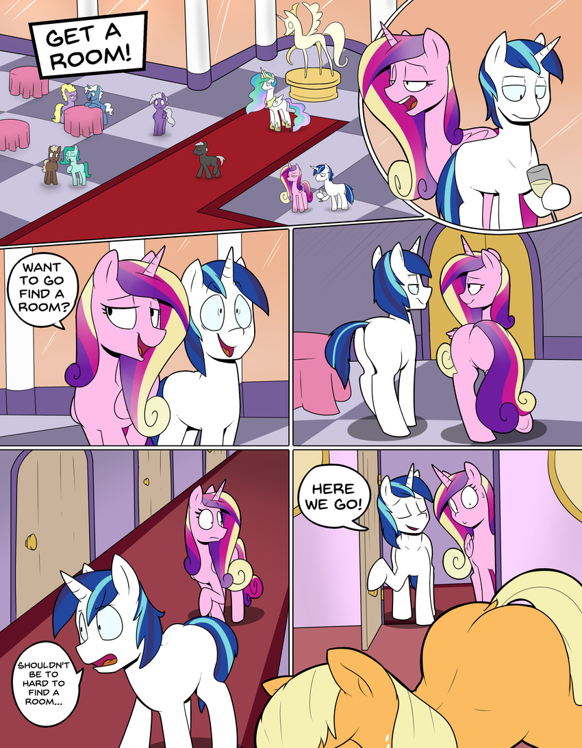 2016 applejack_(mlp) carpet comic crown dialogue door earth_pony english_text equine feathered_wings feathers female feral friendship_is_magic fur grass group hair horn horse inside male mammal multicolored_hair my_little_pony palace pink_fur pony princess_cadance_(mlp) princess_celestia_(mlp) sculpture shining_armor_(mlp) statue strangerdanger table text unicorn white_fur winged_unicorn wings