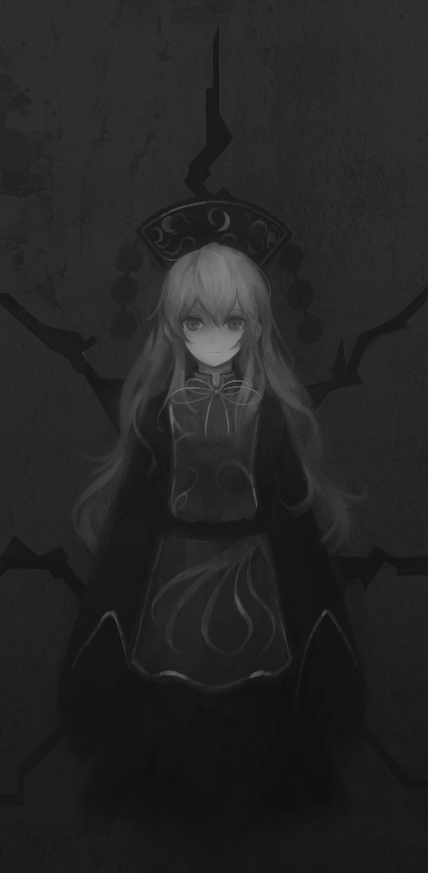 bad_id bad_twitter_id bangs black_dress chinese_clothes closed_mouth commentary_request crescent dress expressionless full_body grey_background greyscale gyup hat highres junko_(touhou) long_hair long_sleeves looking_at_viewer monochrome ribbon simple_background sleeves_past_wrists solo standing tabard touhou very_long_hair wide_sleeves