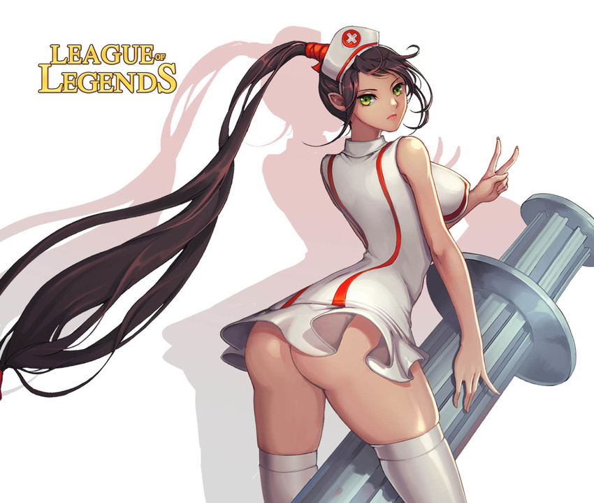 akali artstation_sample ass bangs breasts copyright_name covered_nipples cowboy_shot fingernails from_behind green_eyes hair_ornament hair_tie hat hayanpool highres image_sample large_breasts league_of_legends long_fingernails long_hair looking_at_viewer looking_back low-tied_long_hair no_panties nurse nurse_akali nurse_cap ponytail smile solo thighhighs v very_long_hair white_legwear