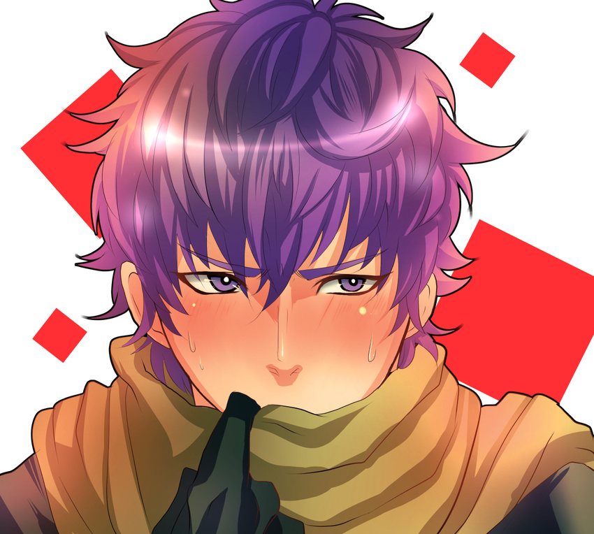 blush covering_mouth dragon_quest dragon_quest_heroes dragon_quest_heroes_ii gloves male_focus oururi33 portrait purple_eyes purple_hair razel scarf solo white_background